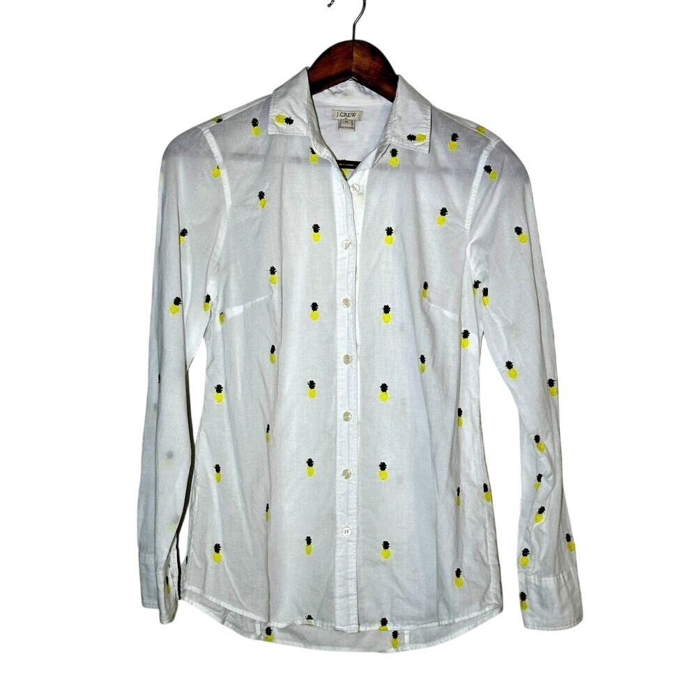 J.Crew‎ Womens Shirt Long Sleeve White Embroidered Pineapple Button size XS
